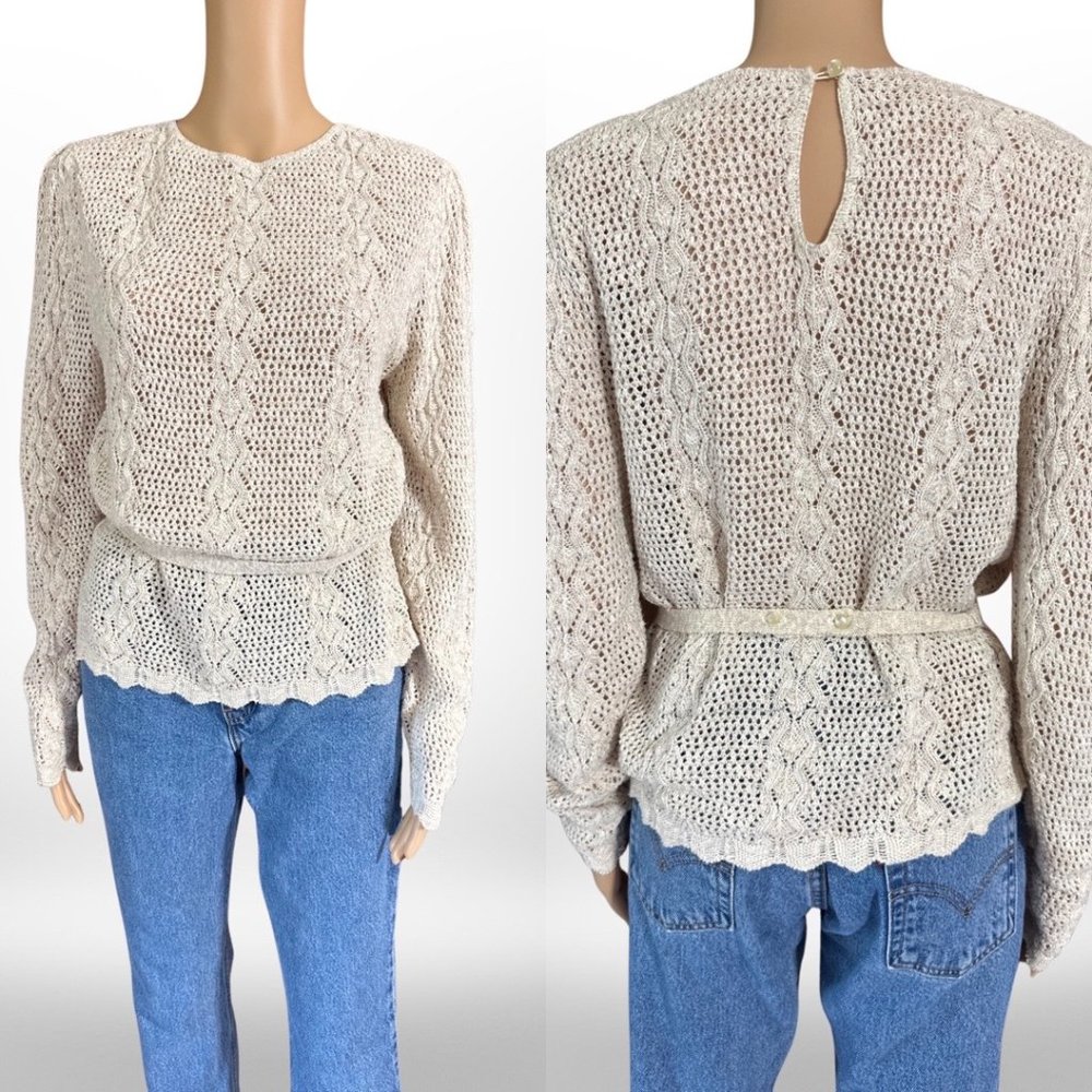 Vintage Sweater Oatmeal Long-sleeve Crochet Lace Open Knit Top Belt Size M